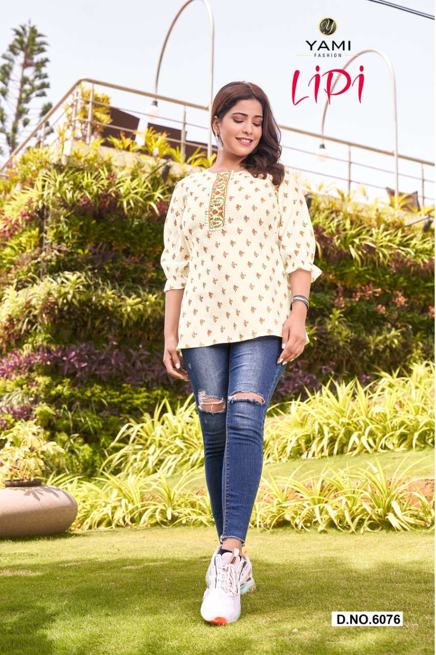 LIPI BY YAMI BRAND PRESENTS PURE ROMAN VISCOSE EXCLUSIVE HAND BLOCK PRINT TOP & TUNICS WITH MACHINE EMBROIDERY WORK-6076